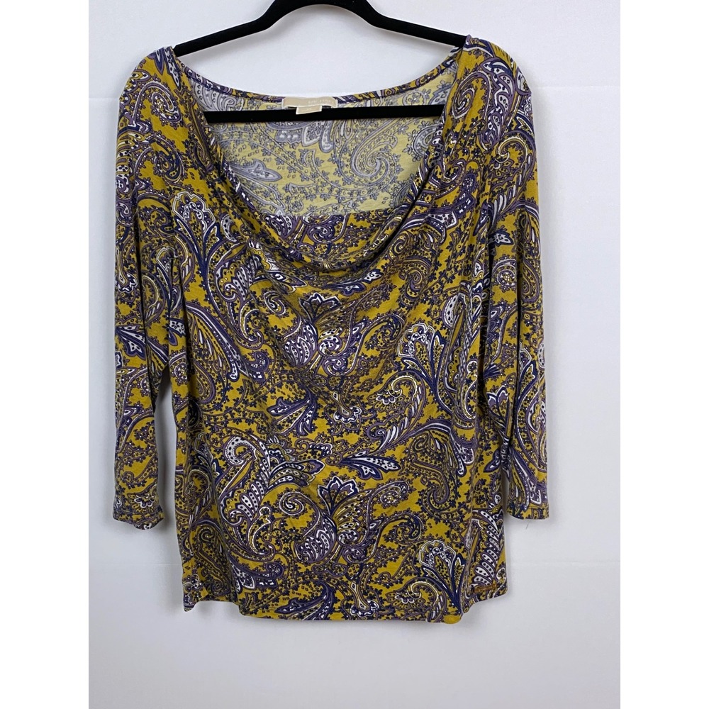 Michael Kors Paisley Cowl Neck Top Womens 1X Yellow Blue 3/4 Sleeve Boho‎ Chic